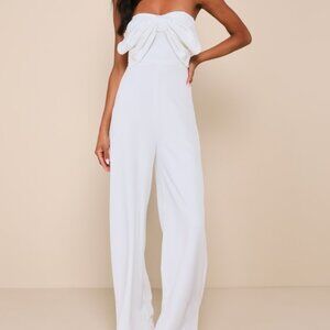Lulus Gleaming Delight White Strapless Pearl Bow Wide-leg Jumpsuit - Size L